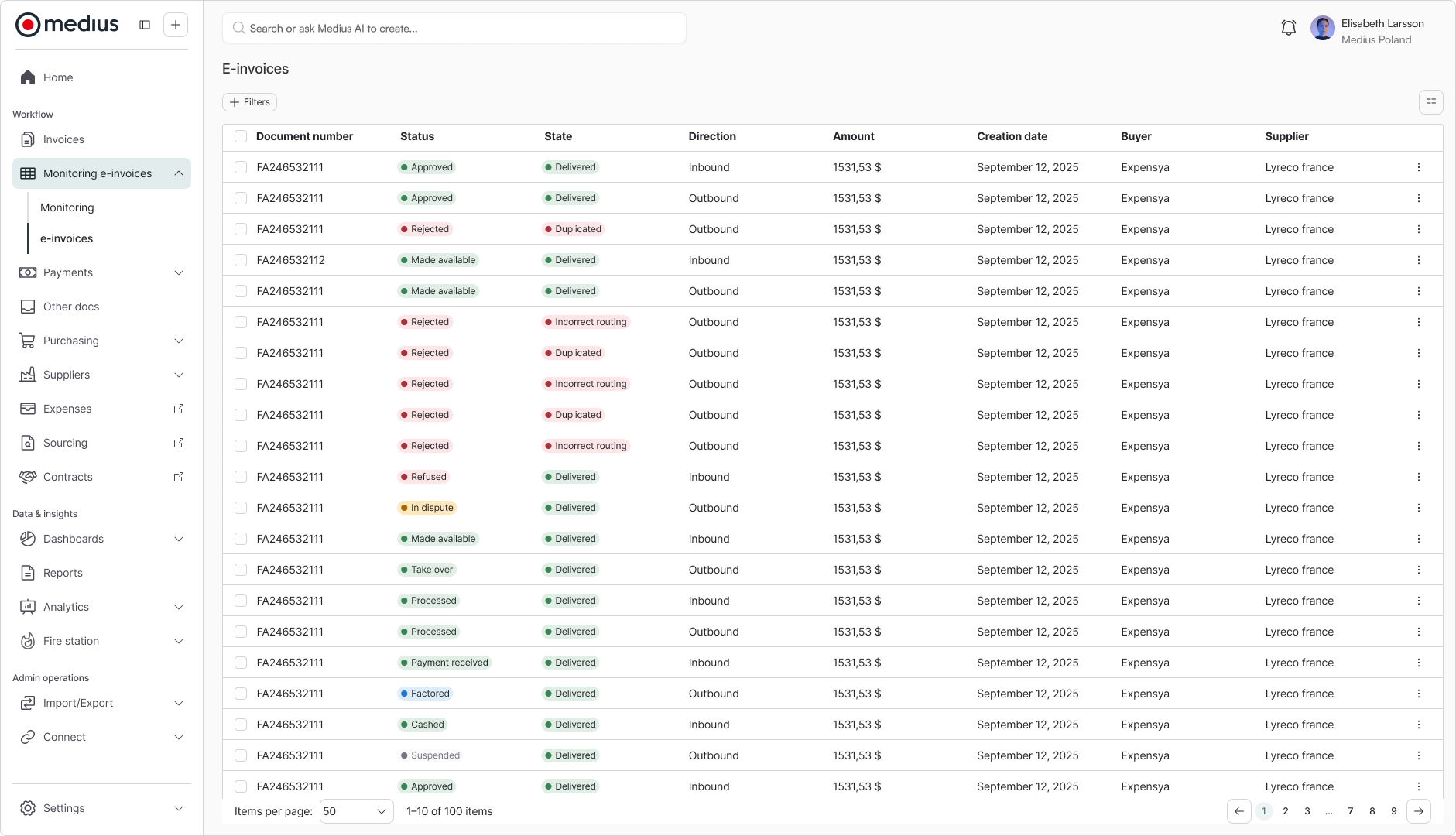 E-invoices Monitoring List preview